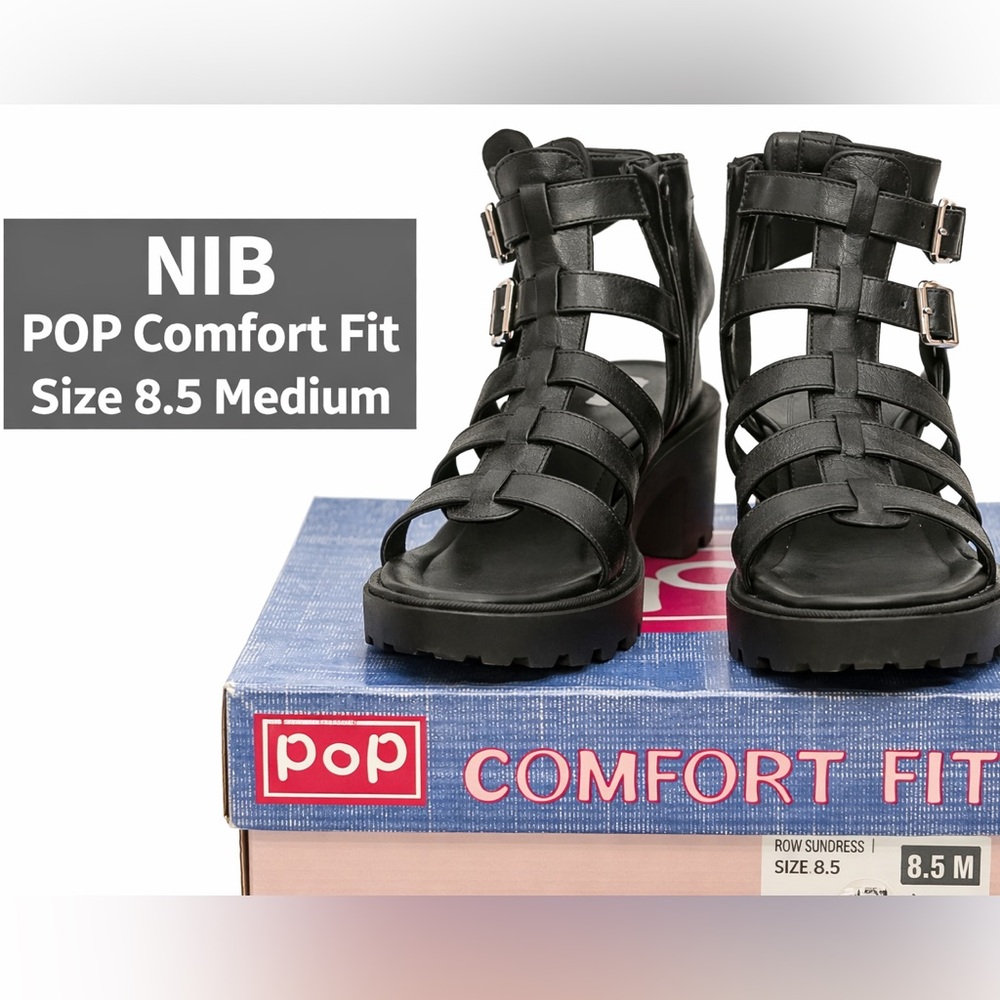 POP Comfort Fit Sundress Black Gladiator Platform Sandals NIB 8.5 Med